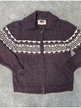 Vintage Boston Traders Cardigan Knit Full Zip Fair isle Brown Mens XL Wool Boho